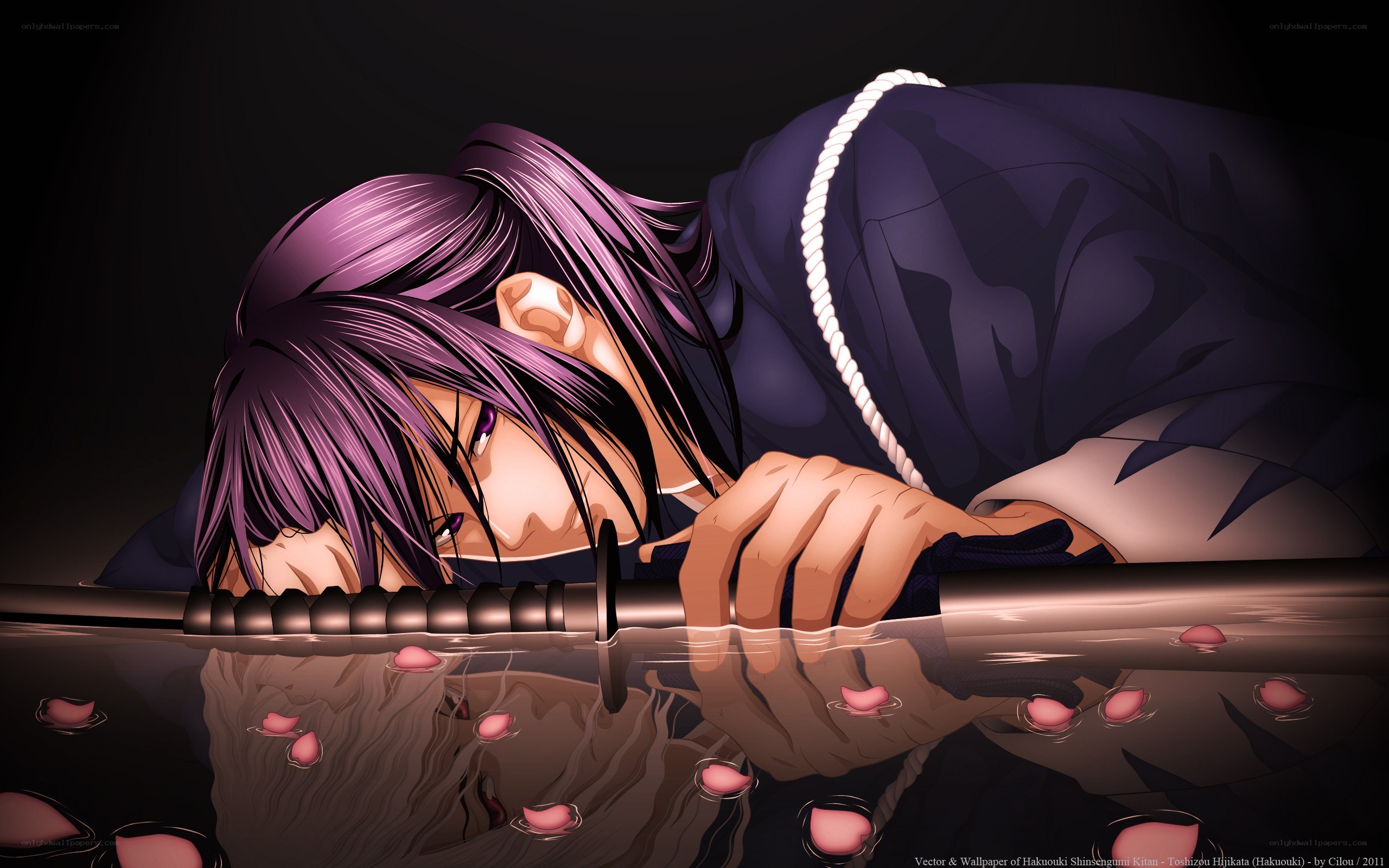 Purple-haired swordsman in water