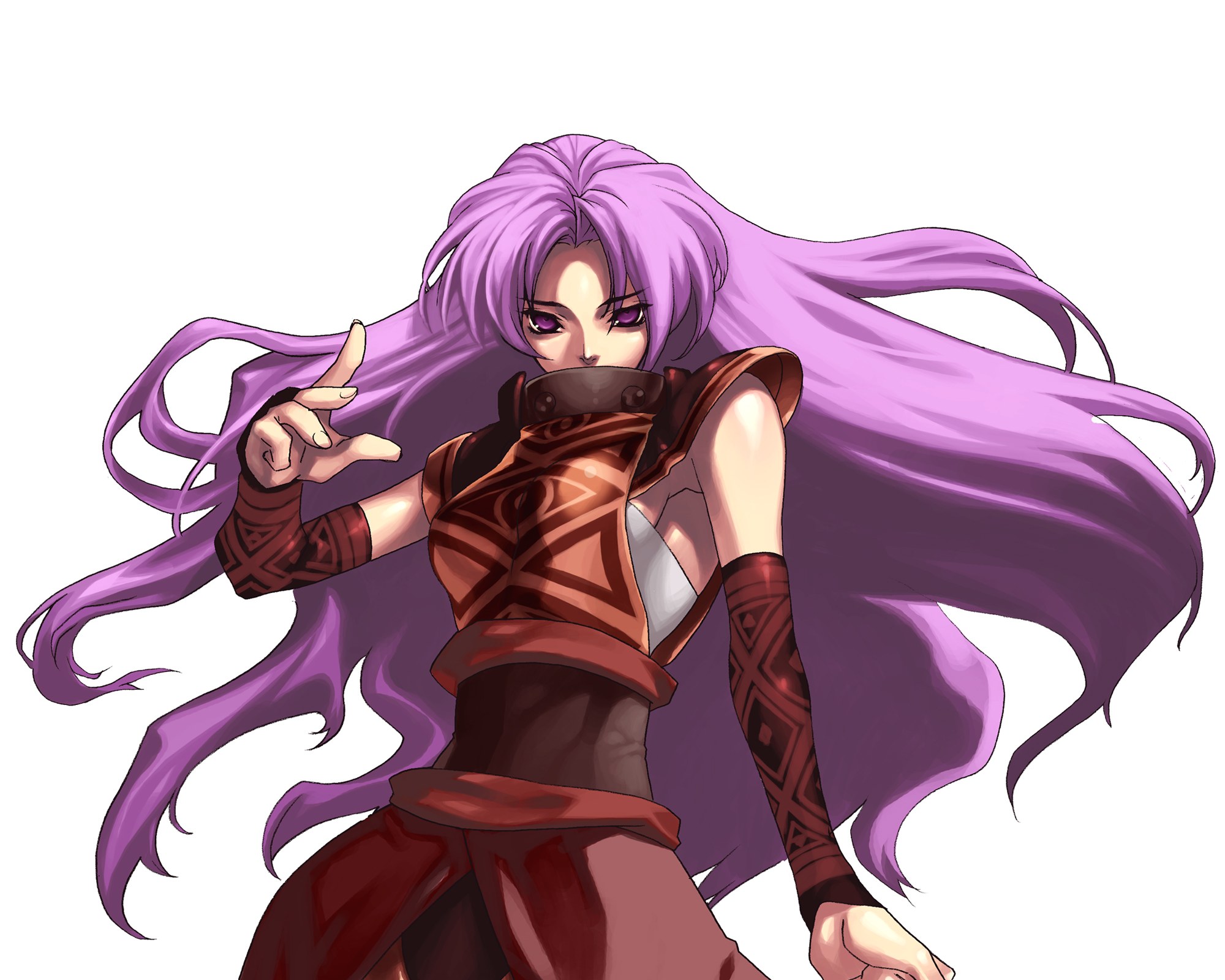 purple-haired warrior character