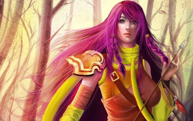 purple-haired warrior in forest
