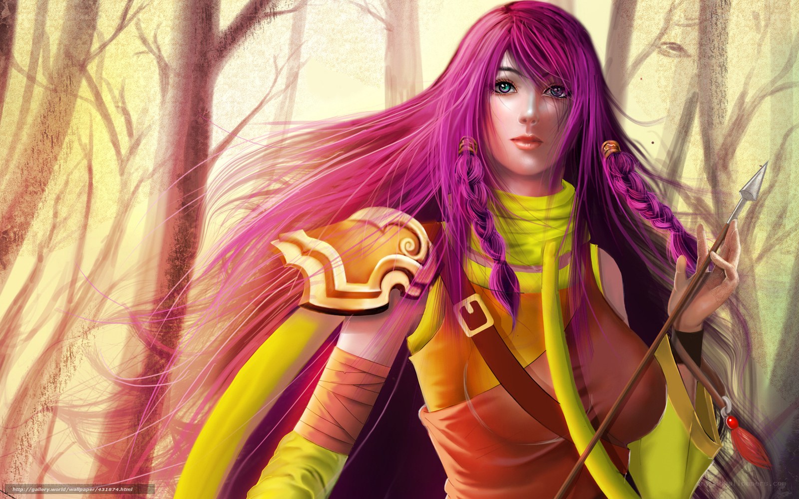 purple-haired warrior in forest