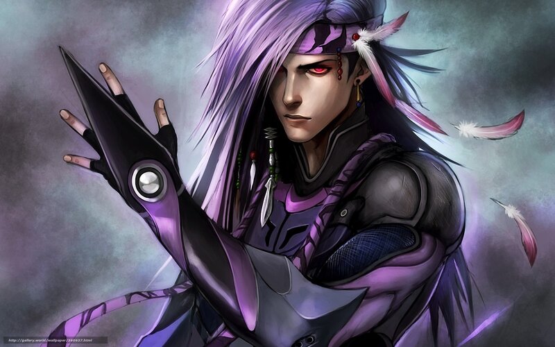 purple-haired warrior with mechanical arm