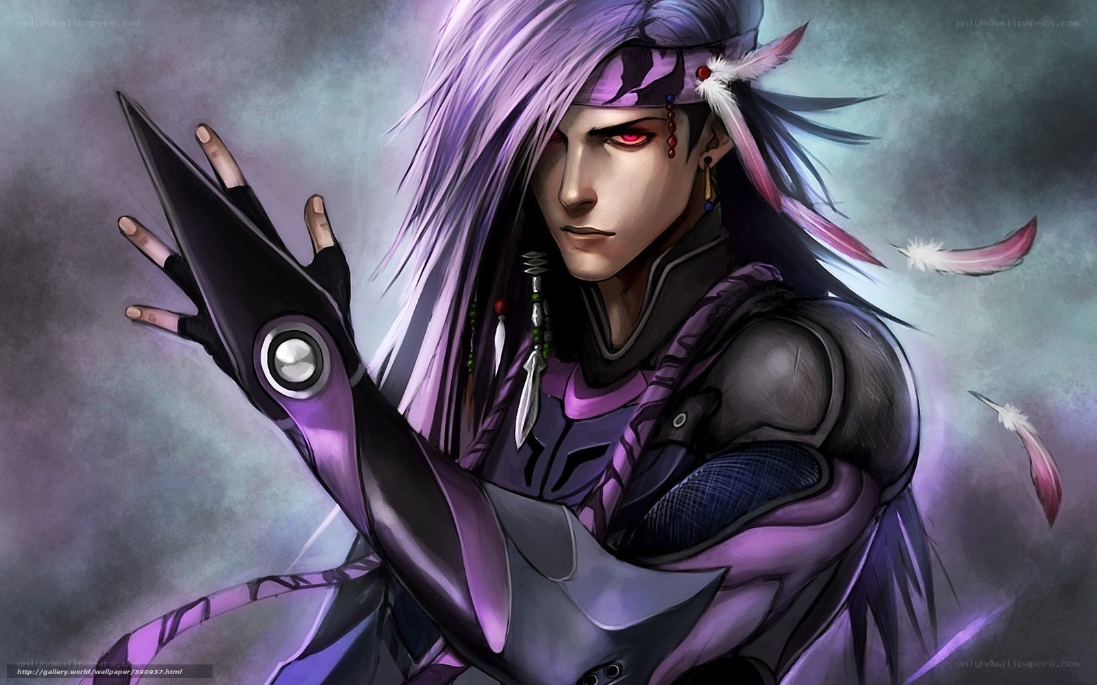 purple-haired warrior with mechanical arm