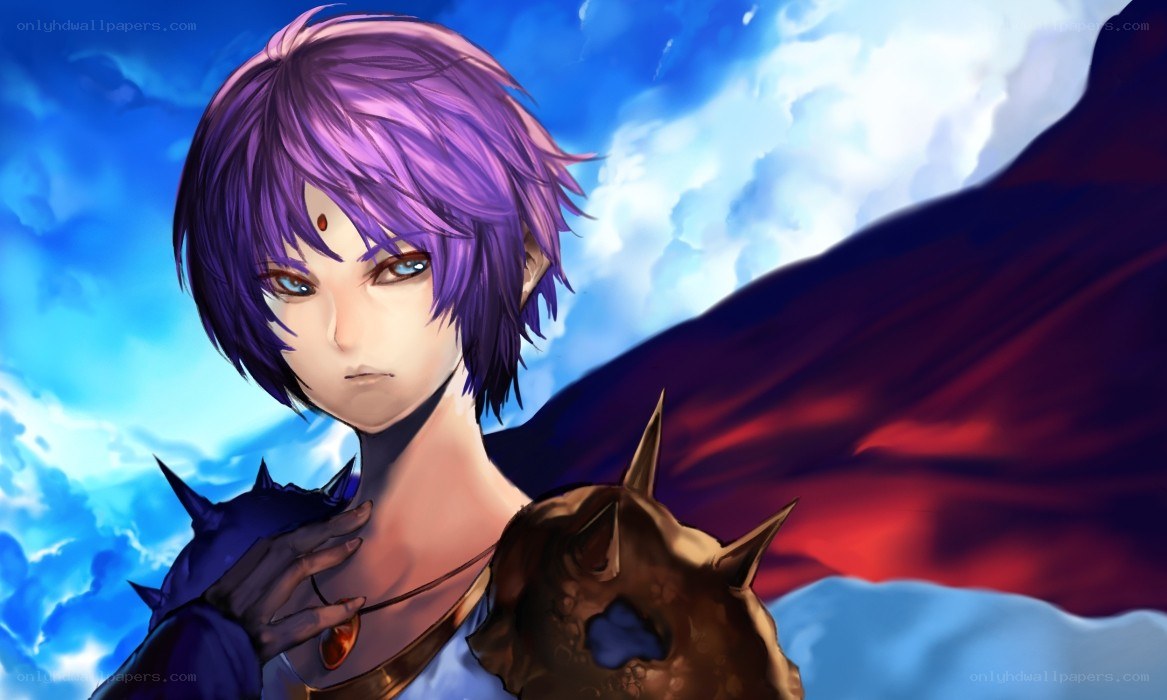 purple-haired warrior with red cape