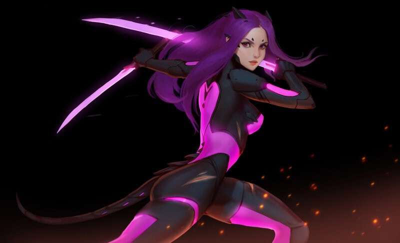 Purple-haired Warrior Woman — Purple, Dramatic, Night, Digital Art, Swords
