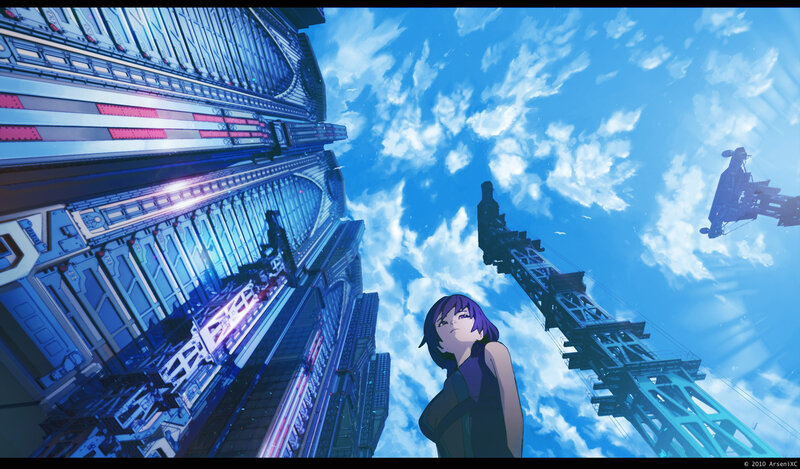 Purple-haired Woman in City — Blue