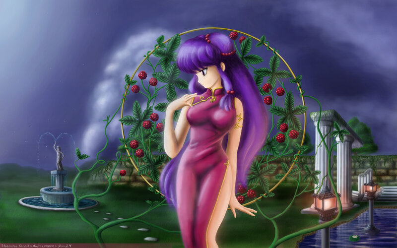 purple-haired woman in garden