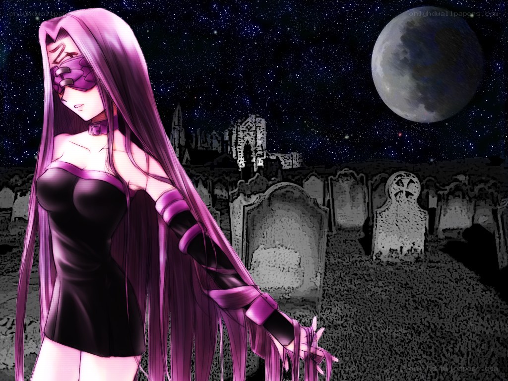 purple-haired woman in graveyard
