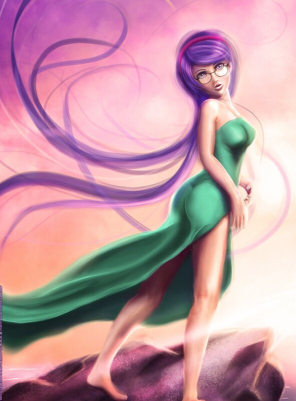 purple-haired woman in green dress