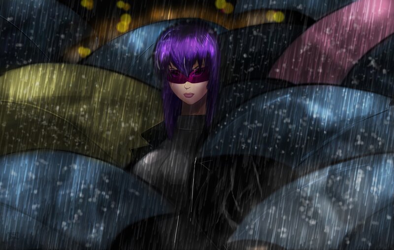 Purple-haired Woman in Rain