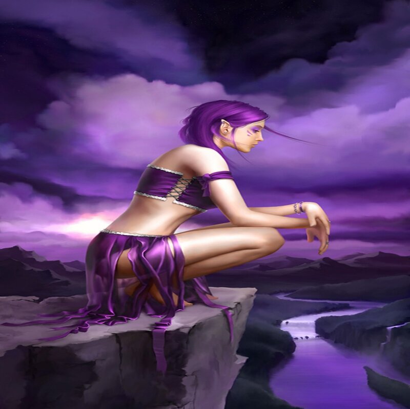 Purple-haired Woman on Cliff