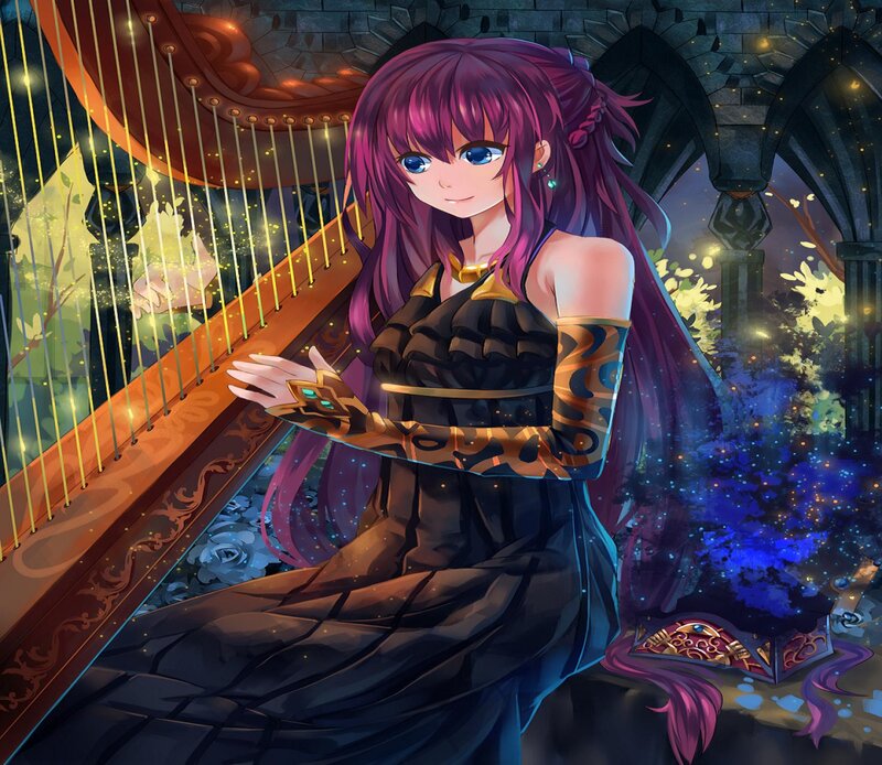 Purple-haired Woman Playing Harp