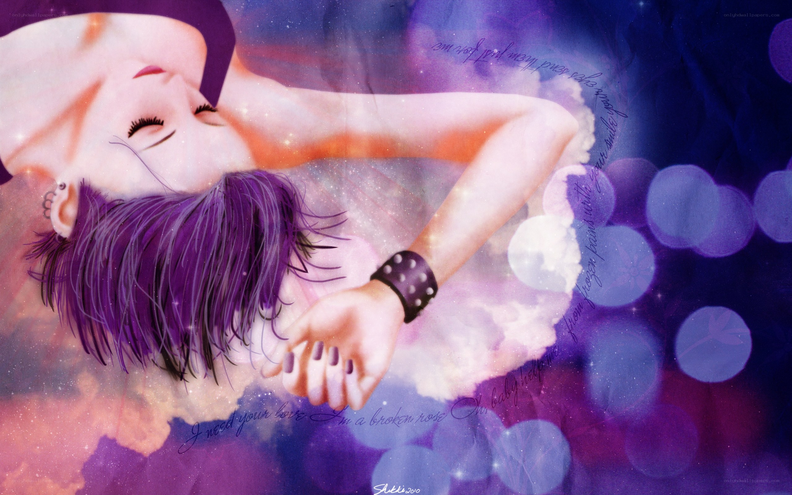 purple-haired woman sleeping