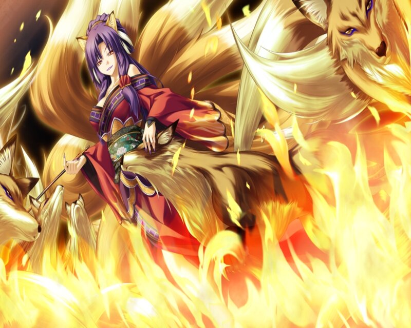 Purple-haired Woman with Foxes