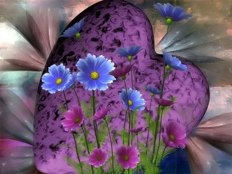 Purple Heart with Flowers — Dreamy, Digital Art