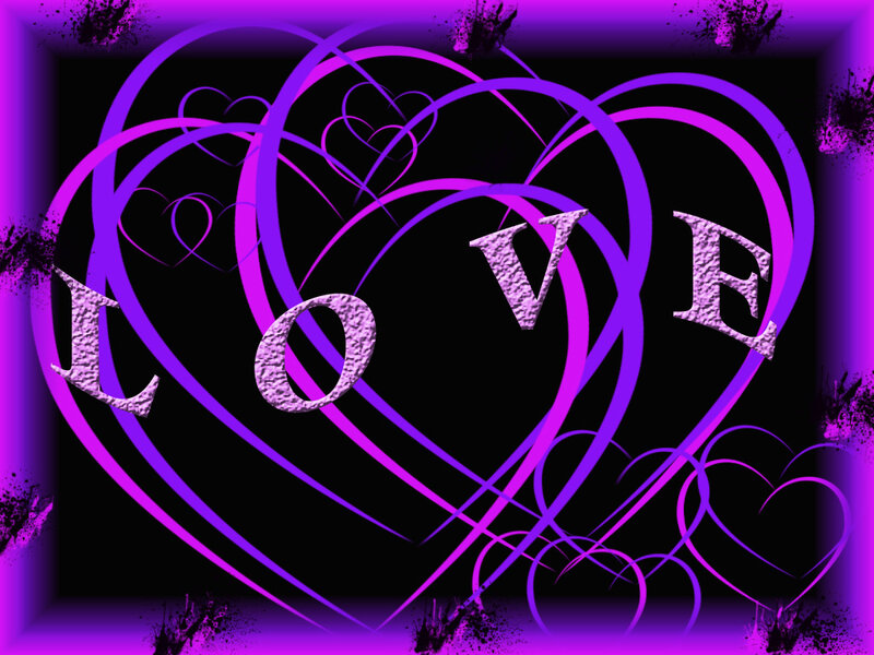 Purple hearts and love text