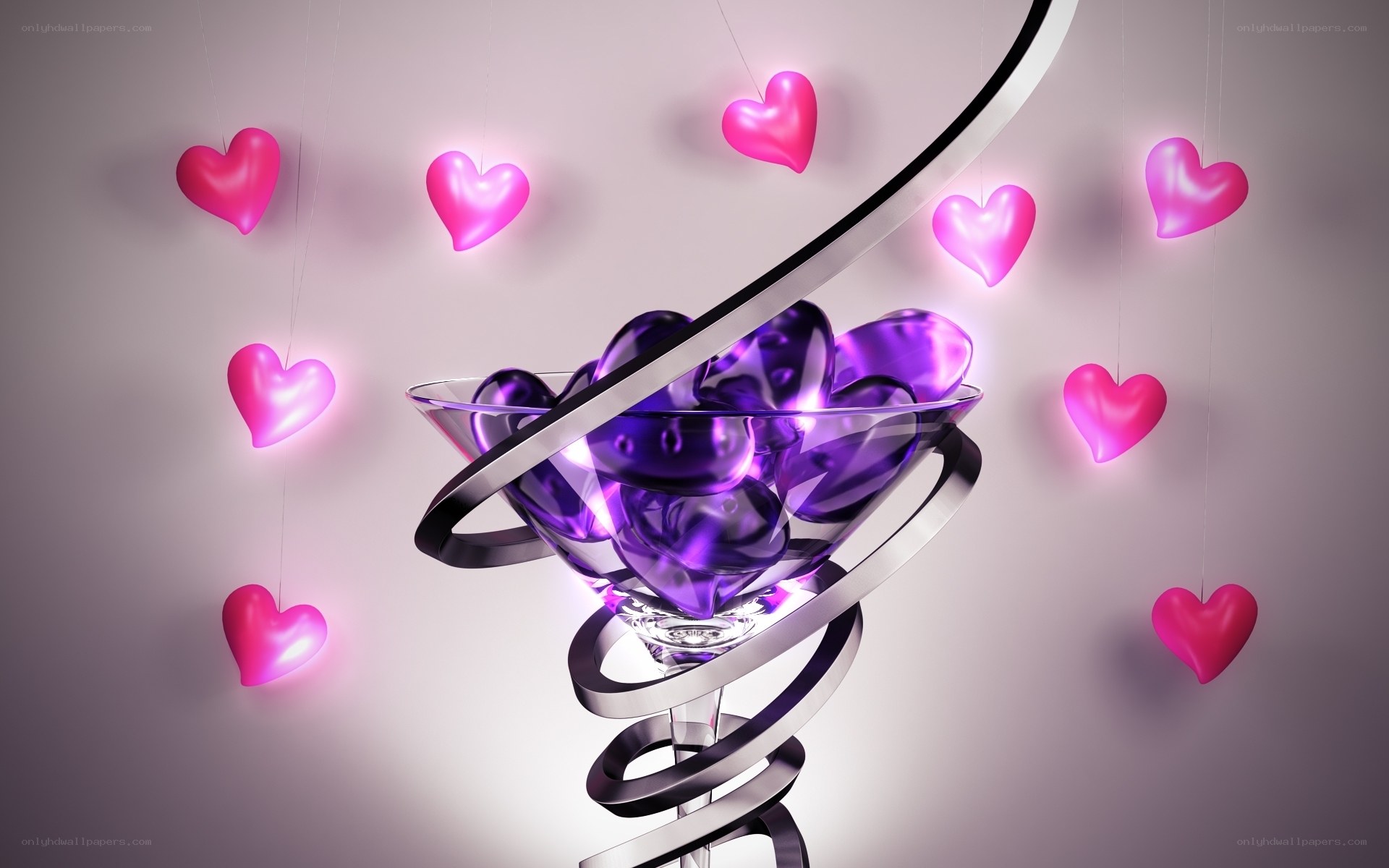Purple hearts in a glass bowl