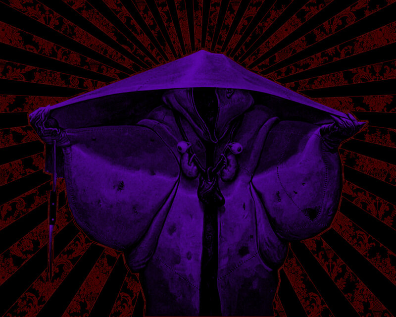 purple hooded figure with knife