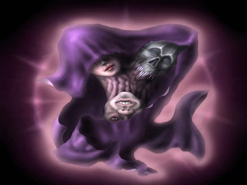 purple hooded figure with skulls