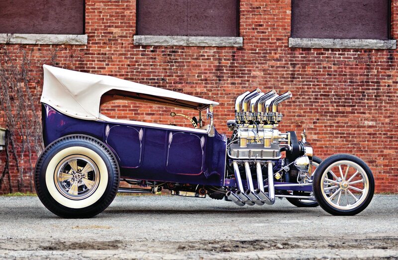 Purple Hot Rod Car — Dramatic, Afternoon, Photograph, Brick Wall