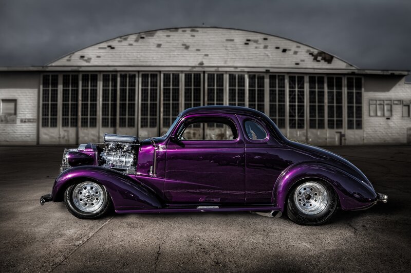 Purple Hot Rod Car — Dramatic, Night, Photograph, Building