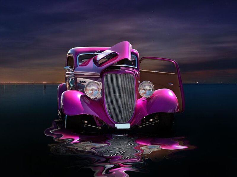 Purple Hot Rod Car — Dramatic, Night