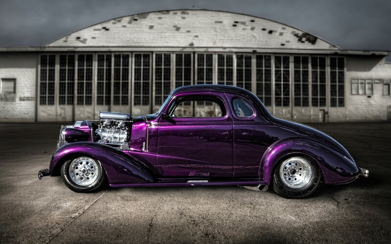Purple Hot Rod Car — Dramatic, Photograph, Hangar