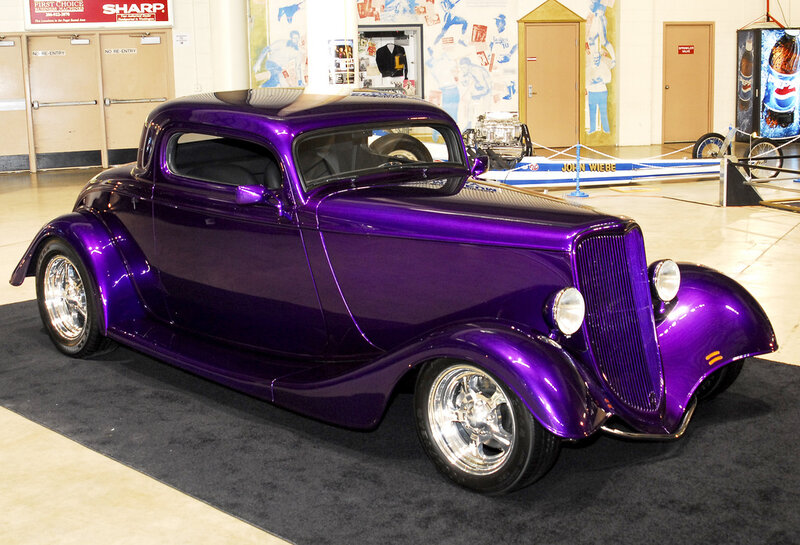 Purple hot rod car on display
