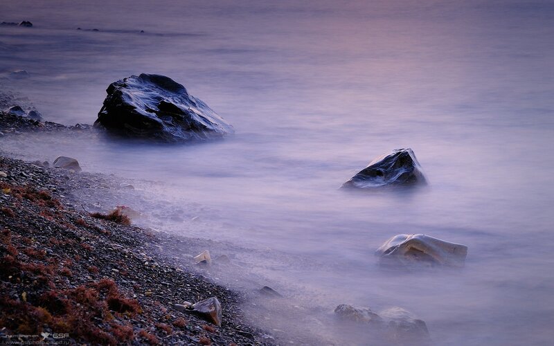 Purple-hued coastal rocks at dusk