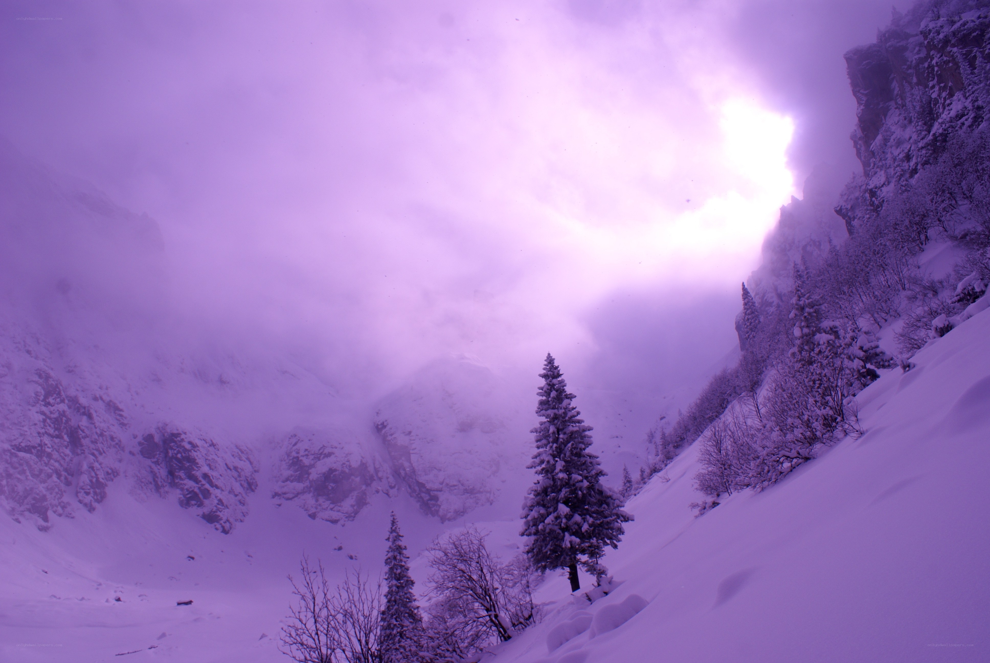 Purple-hued snowy mountain valley