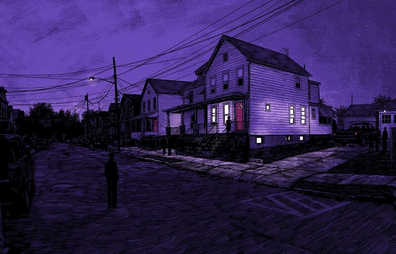 purple-hued suburban street at night