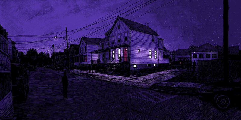 purple-hued suburban street at night