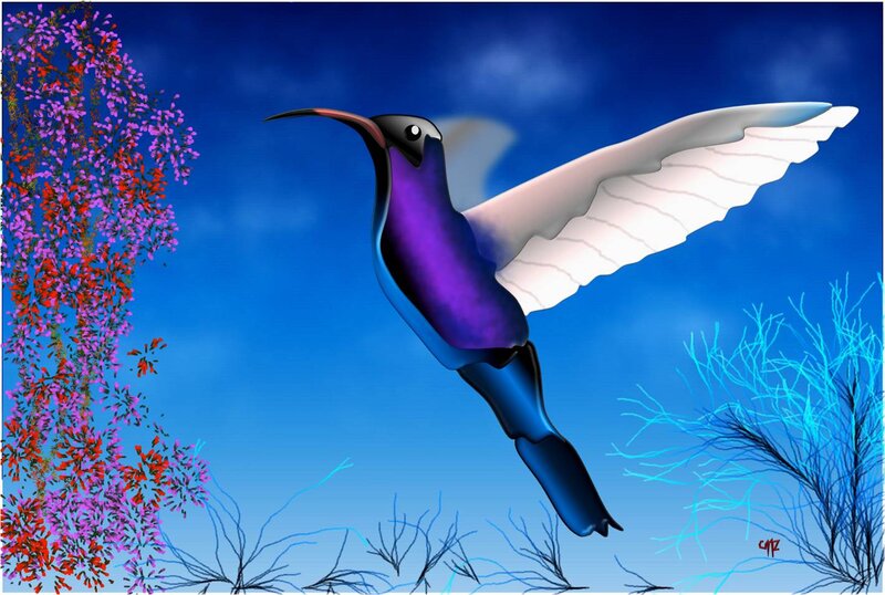 Purple Hummingbird in Flight — Blue