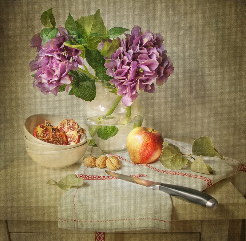Purple Hydrangeas and Fruit