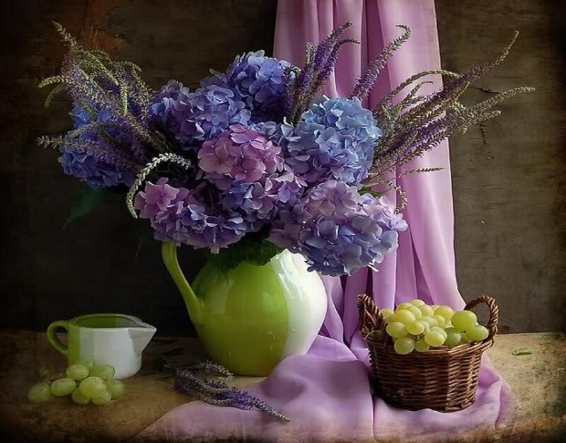 Purple Hydrangeas in Pitcher