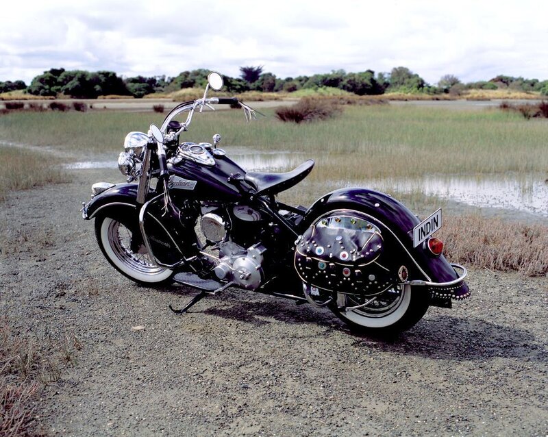 Purple Indian motorcycle in marsh