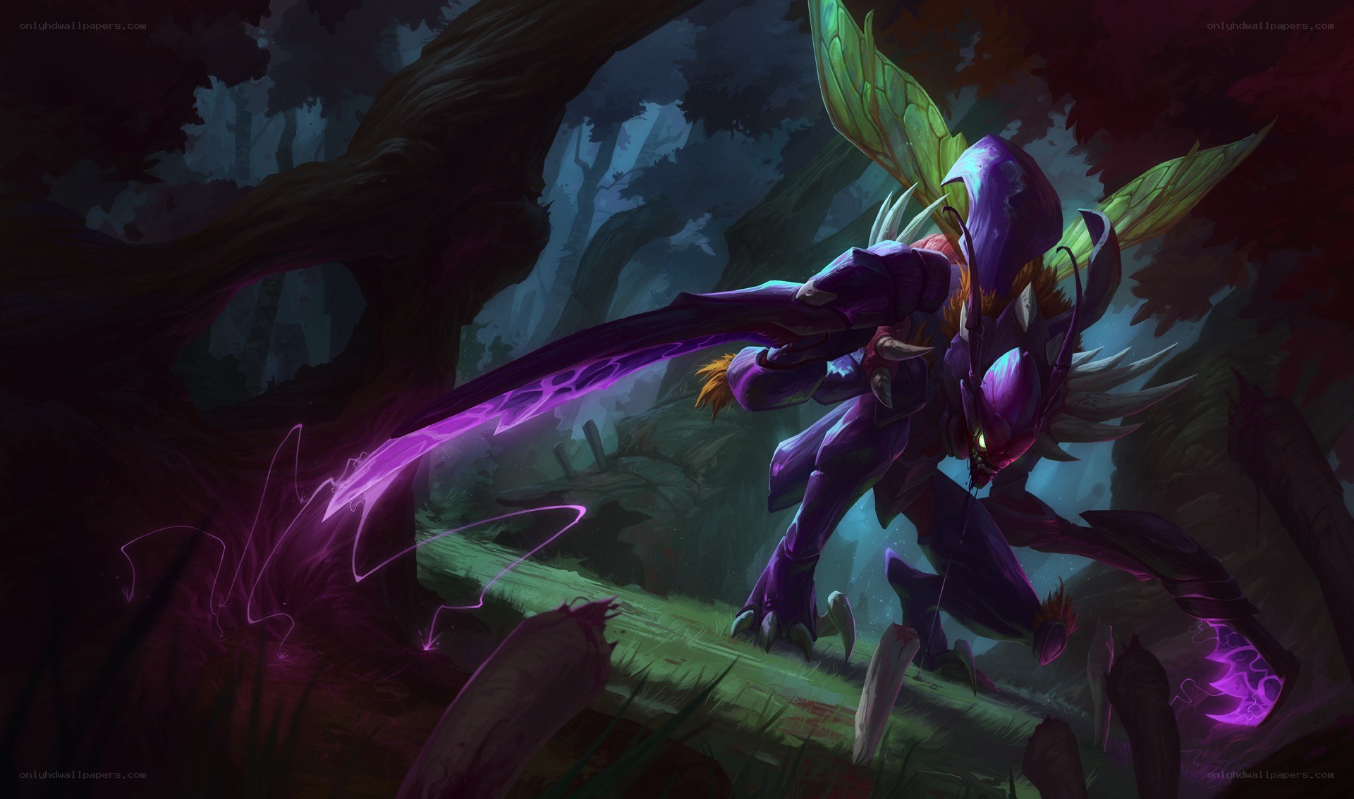 purple insectoid warrior in forest
