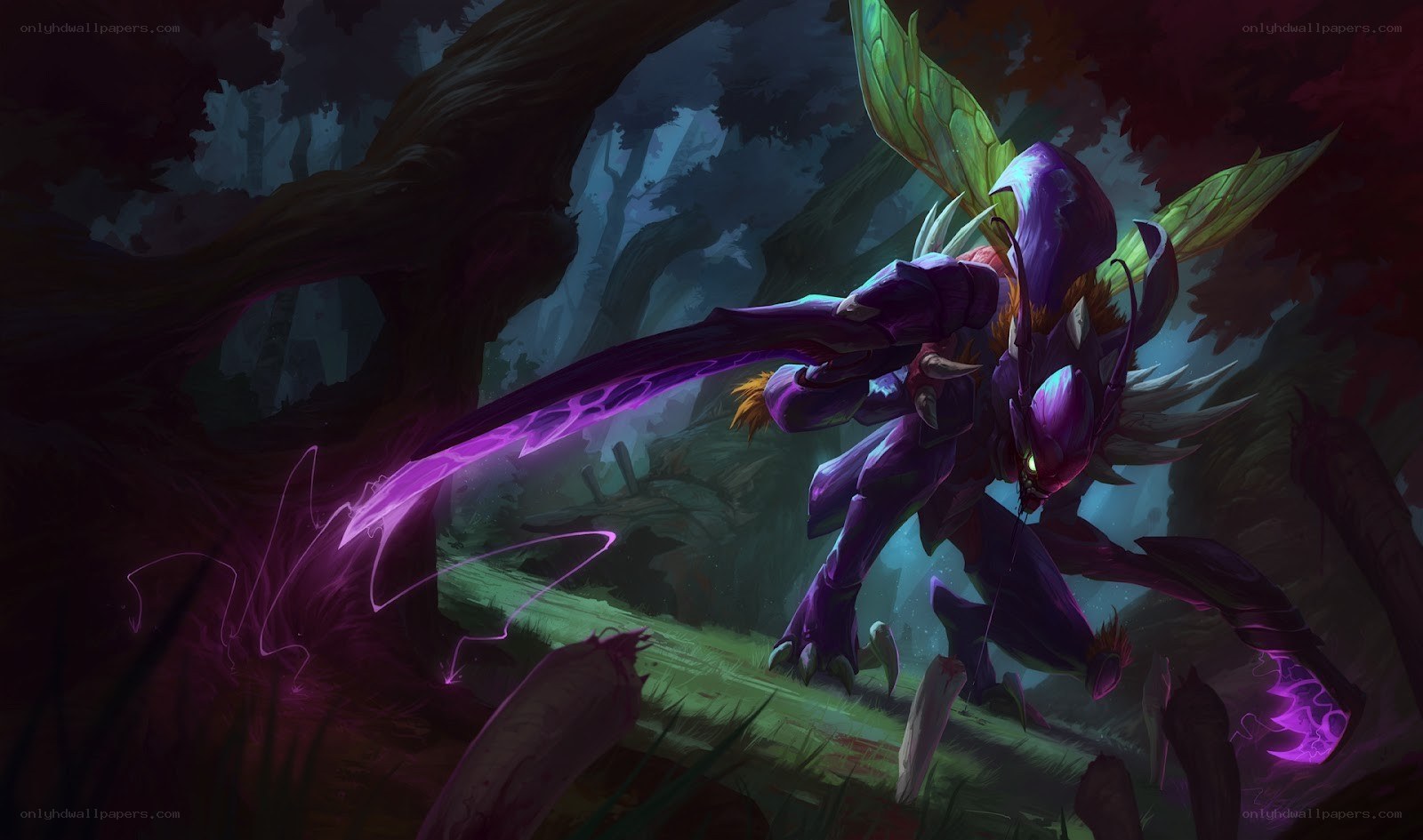 purple insectoid warrior in forest