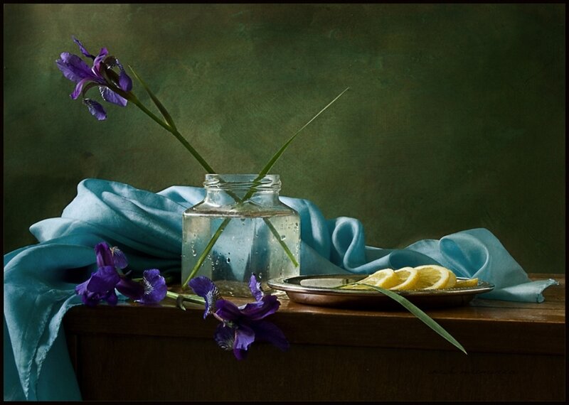 Purple iris with lemon slices