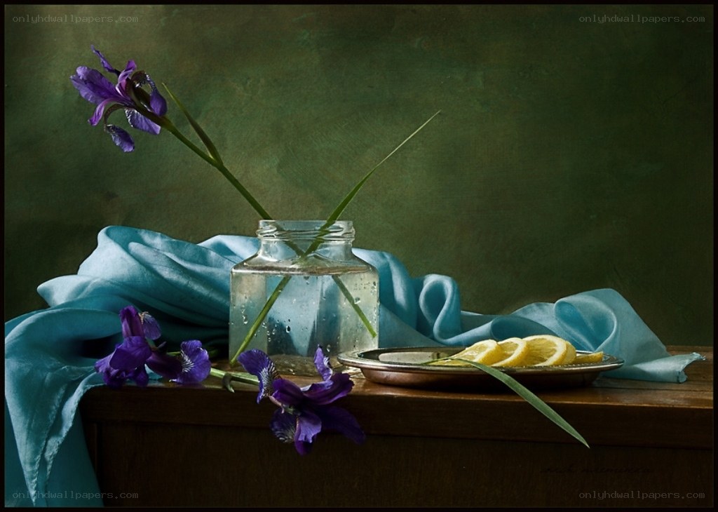 Purple iris with lemon slices