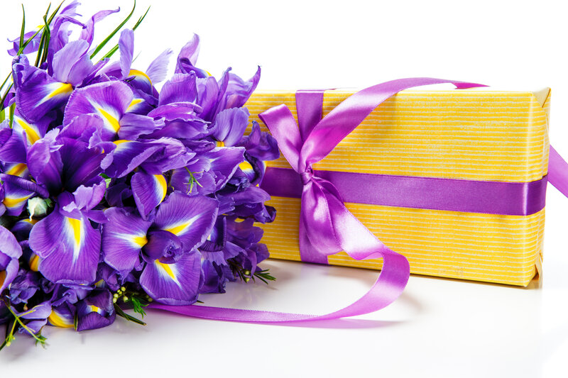Purple Irises and Gift Box