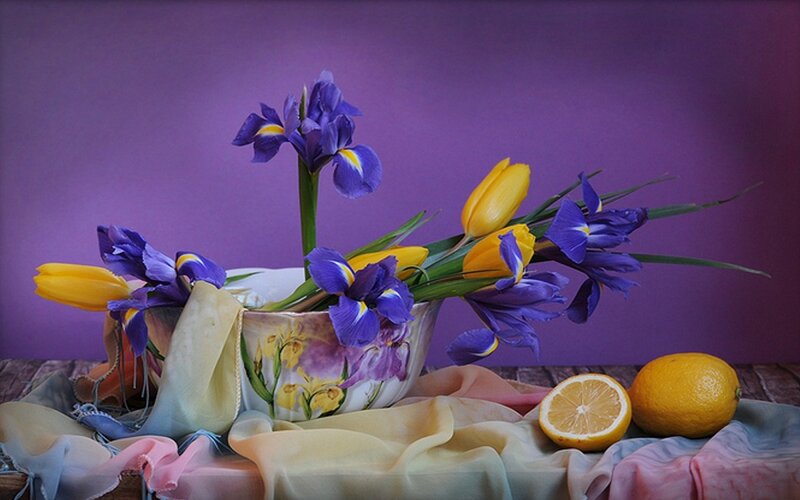Purple Irises and Lemons