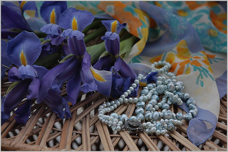 Purple Irises and Pearls