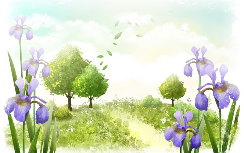 purple irises in a spring meadow