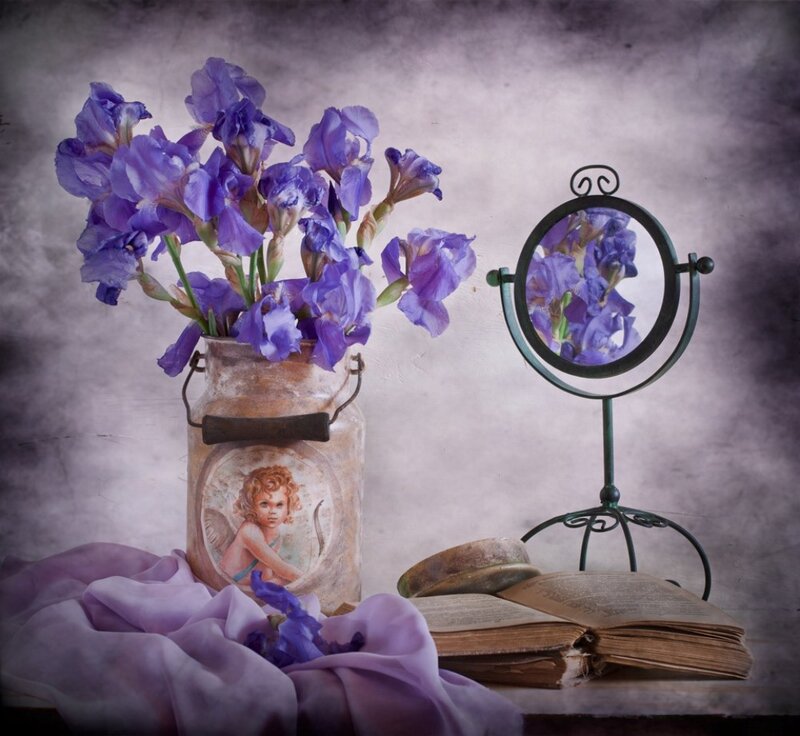 Purple Irises in a Vase — Serene