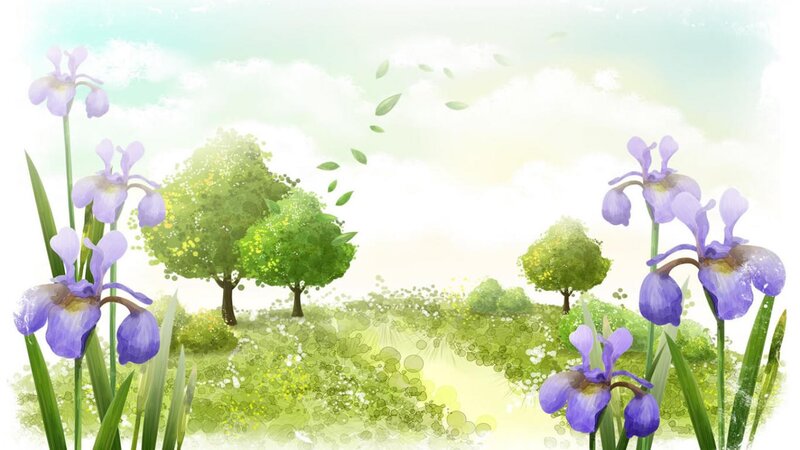 Purple Irises in Field — Green, Serene