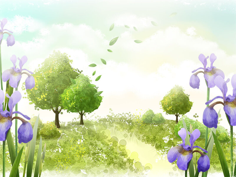 Purple Irises in Field — Green
