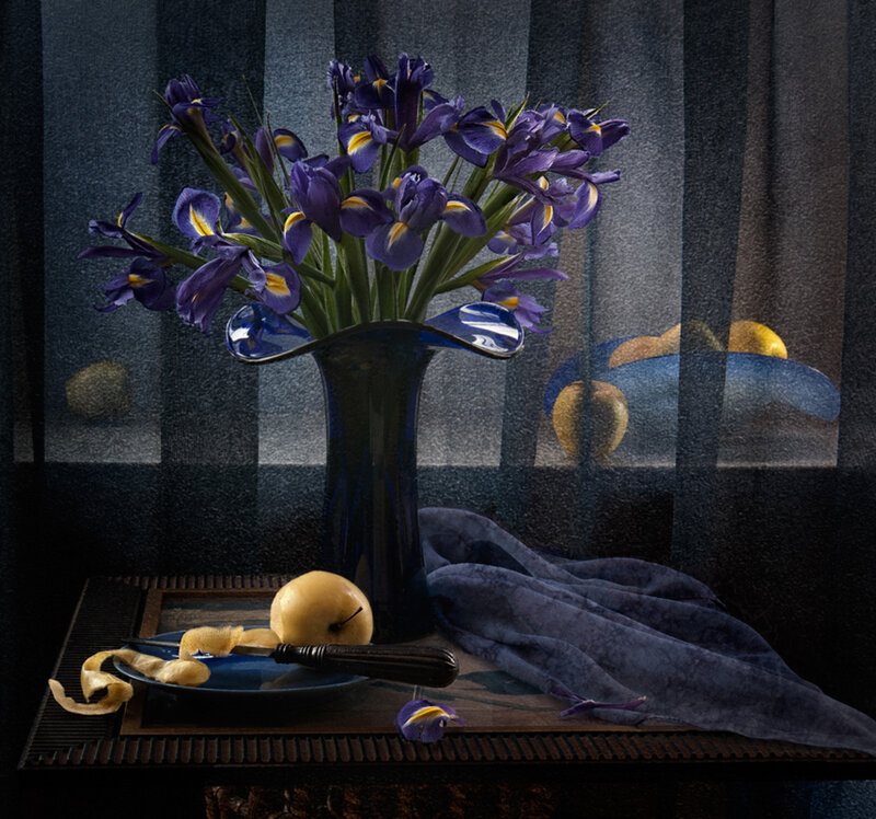 Purple Irises in Vase — Blue, Dramatic, Night