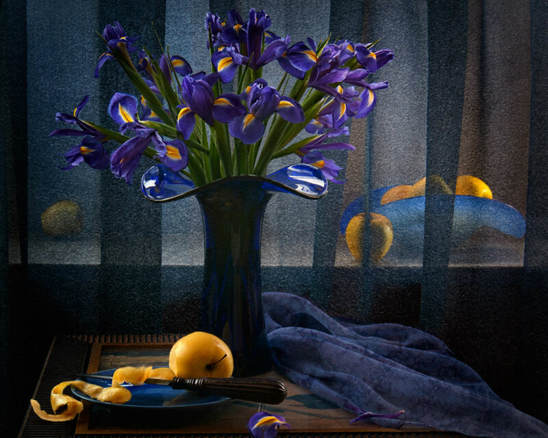 Purple Irises in Vase — Blue, Dramatic
