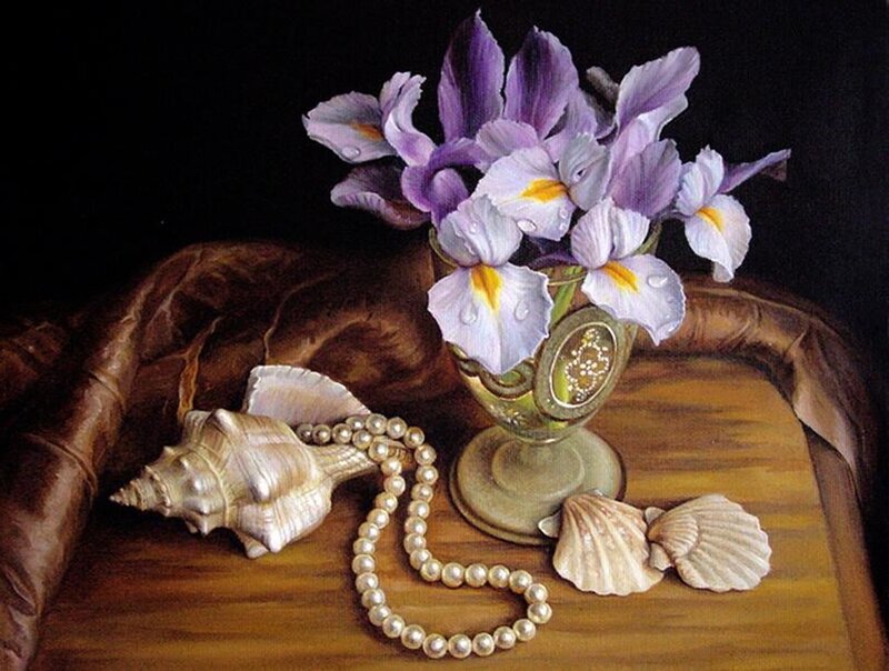 Purple Irises in Vase — Brown