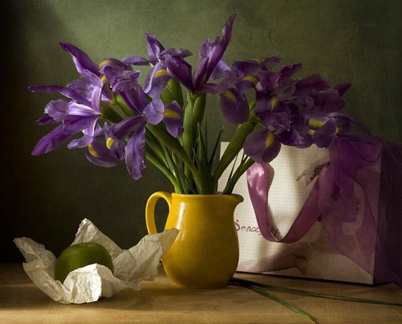 Purple Irises in Yellow Pitcher — Dramatic, Photograph